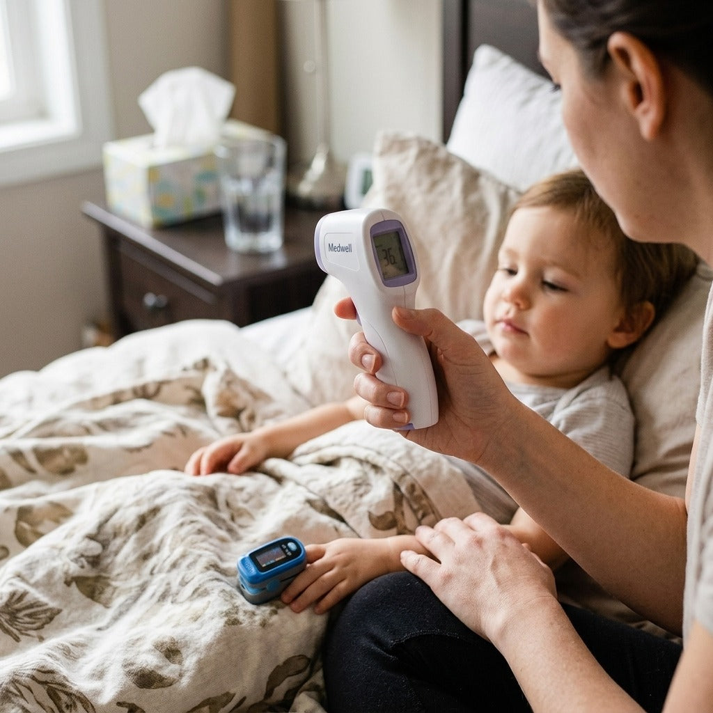 Non-Contact Forehead Thermometer and Finger Pulse Oximeter - in use