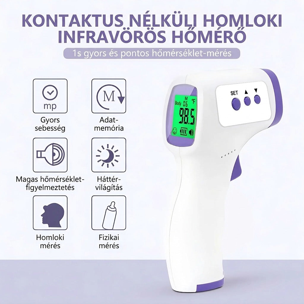 Kontaktus nélküli homloki infravörös hőmérő 1 másodperces méréssel