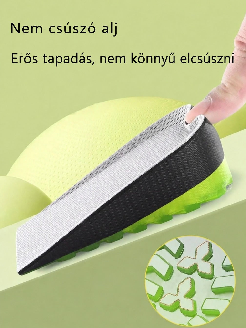 Csúszásmentes talpú sarokemelő talpbetét bemutatása erős tapadású bordázattal.