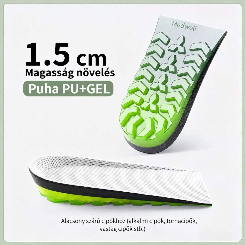 1,5 cm-es Medwell sarokemelő talpbetét puha PU és gél réteggel alacsony szárú cipőkhöz.