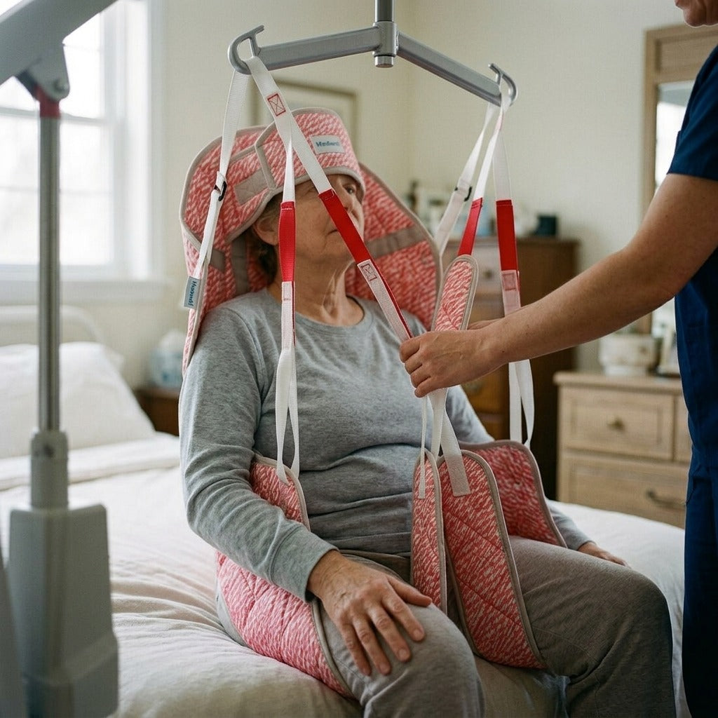 Nylon Patient Lift Hygiene Sling with Head Support - in use