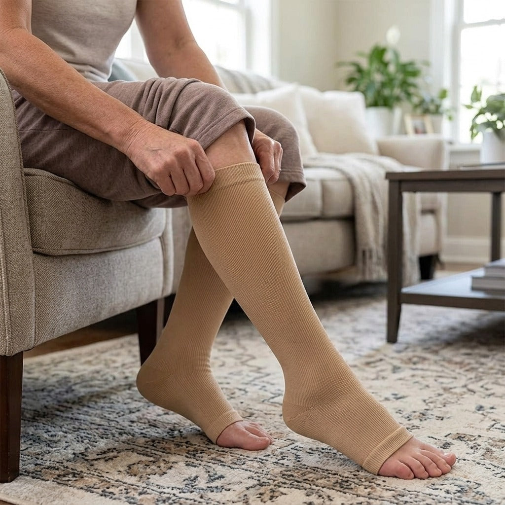 Open-Toe Calf Compression Socks S-7XL - in use