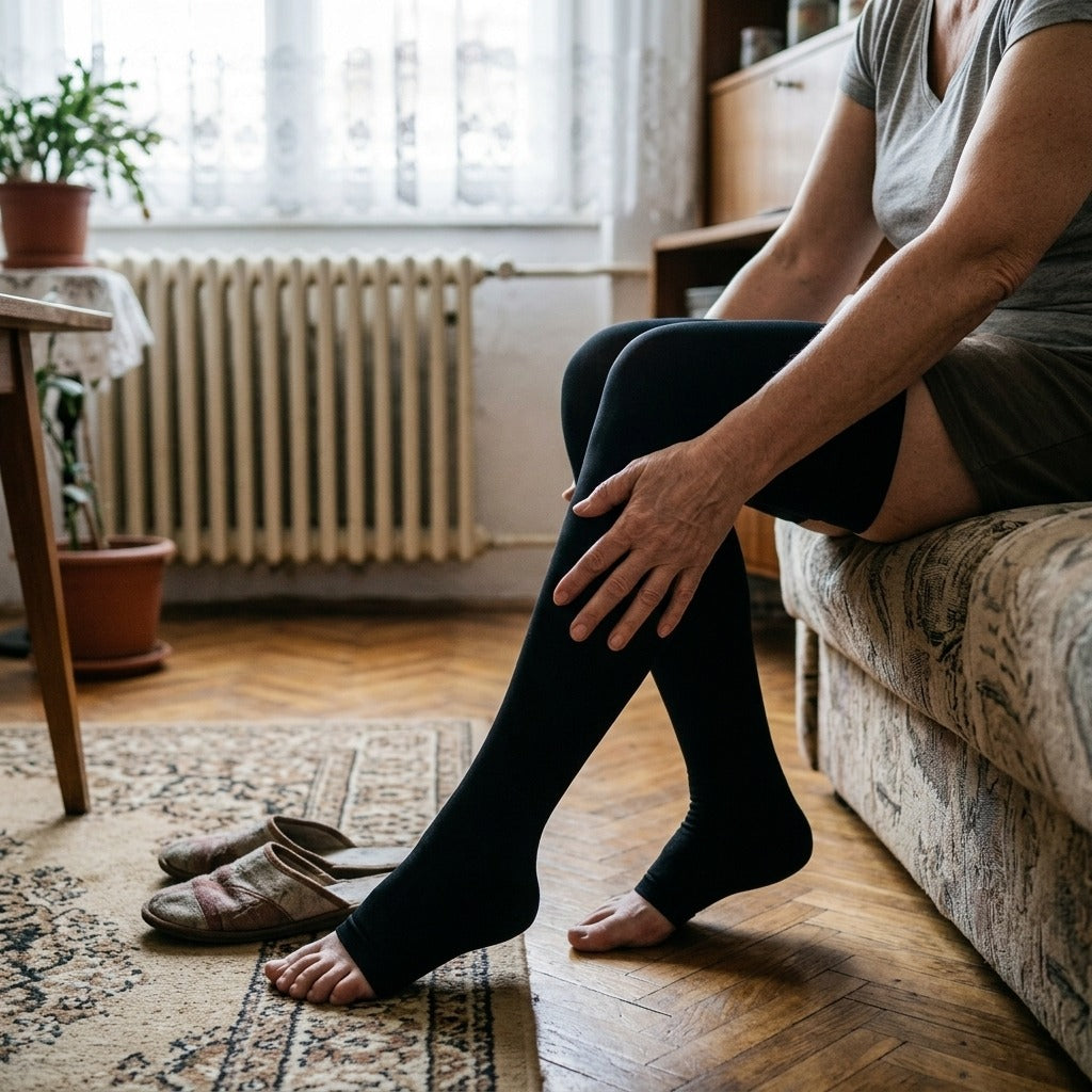 Nyitott orrú kompressziós harisnya, 30–40 mmHg - használat közben
