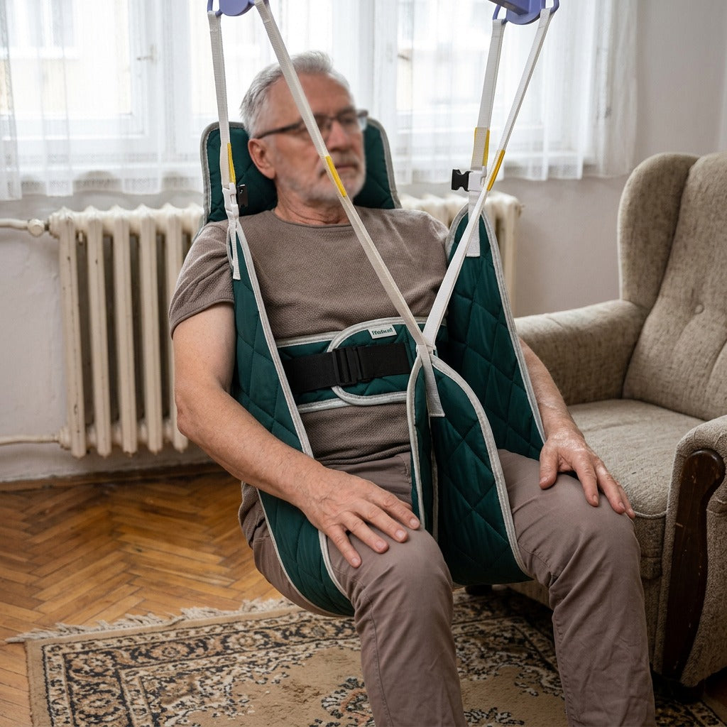 Betegáthelyező emelőheveder fejtámasszal - használat közben
