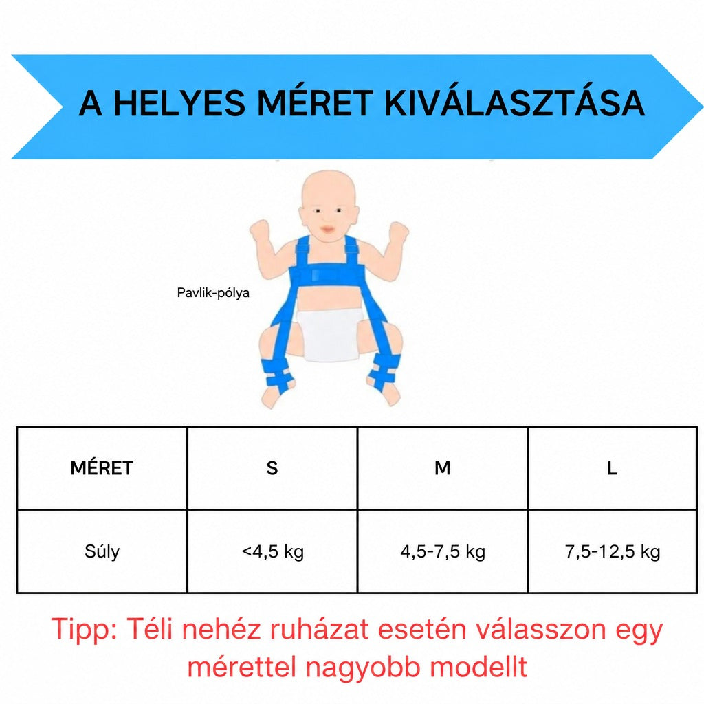 Pavlik-pólya mérettáblázat babáknak testsúly alapján S, M és L méretben.