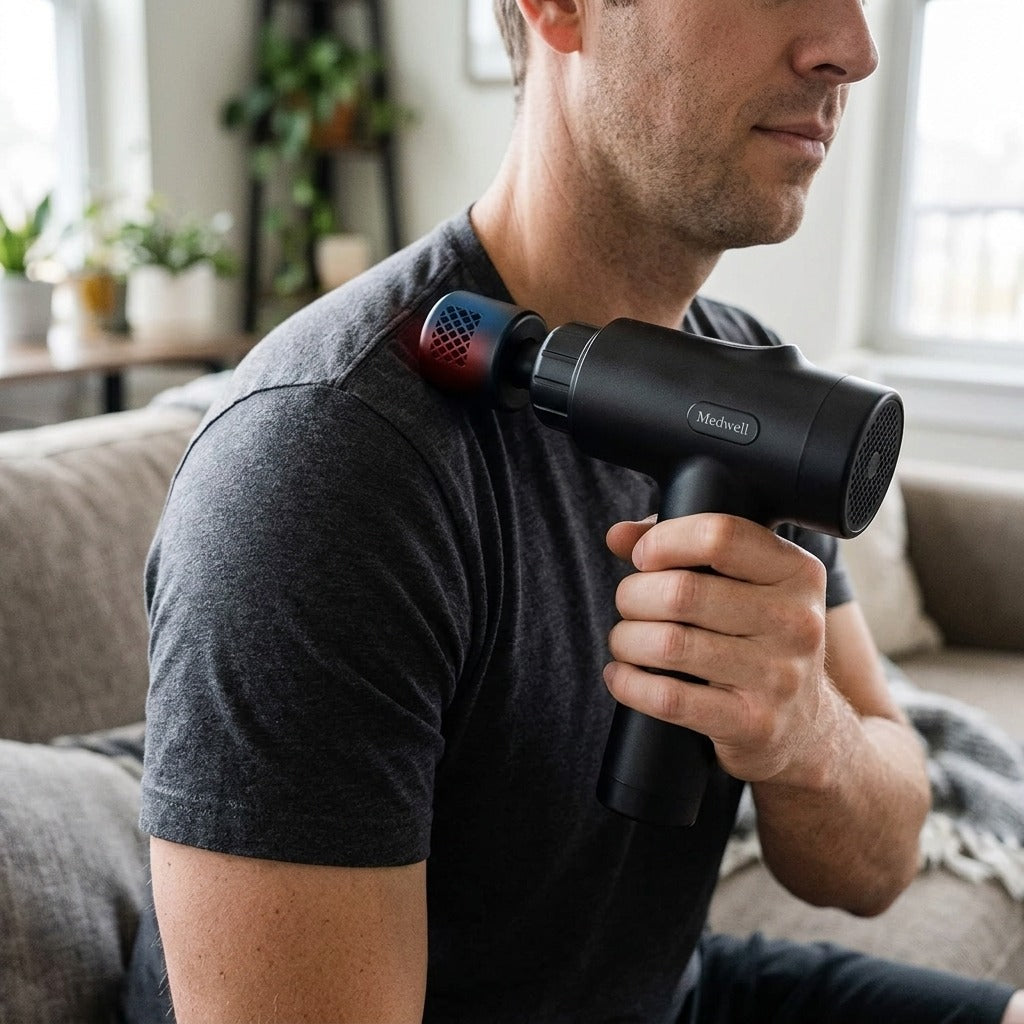 Percussion Massage Gun with 7 Heads - in use