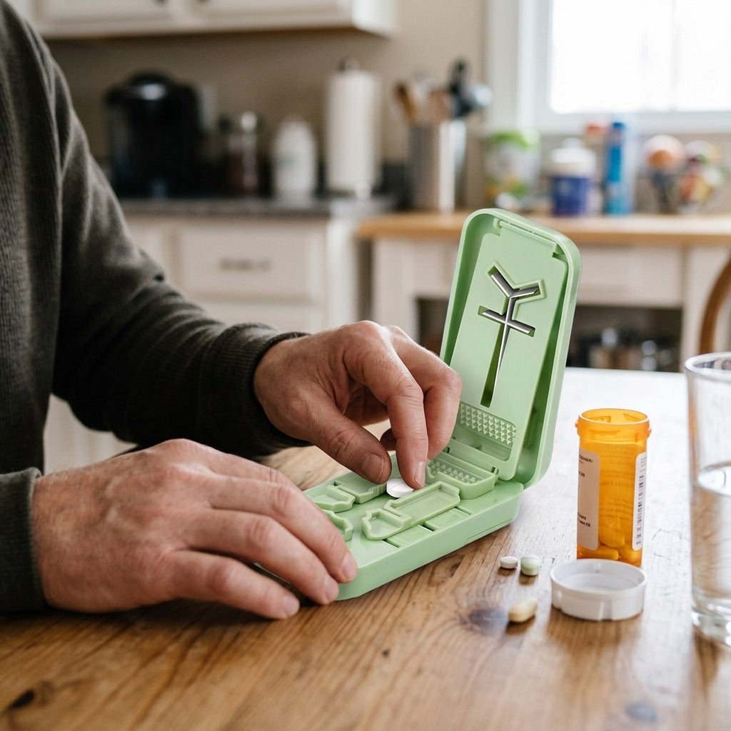 Pill Cutter with Centering Device and Safety Blade - in use