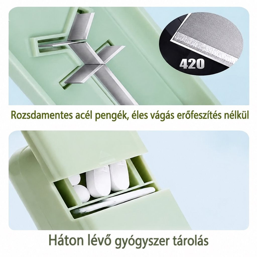 Gyógyszervágó pengéi és hátsó gyógyszertároló rekesze.