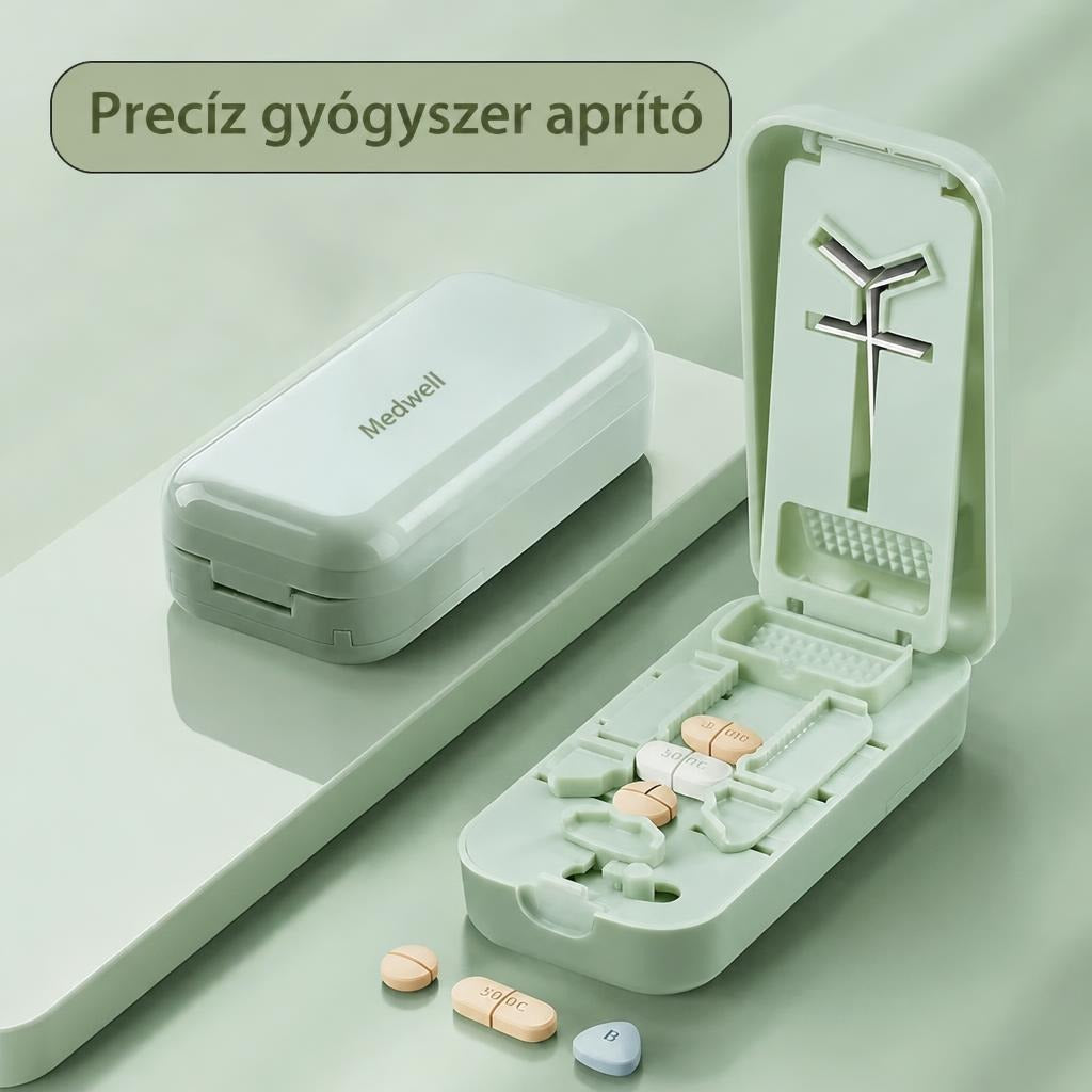 Zöld Medwell precíz gyógyszeraprító és tablettavágó eszköz.