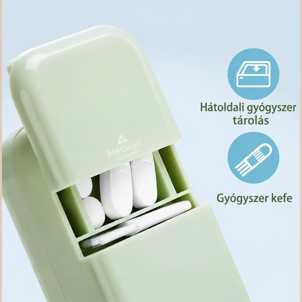 Gyógyszervágó hátoldali tablettatároló rekesszel és beépített tisztítókefével.