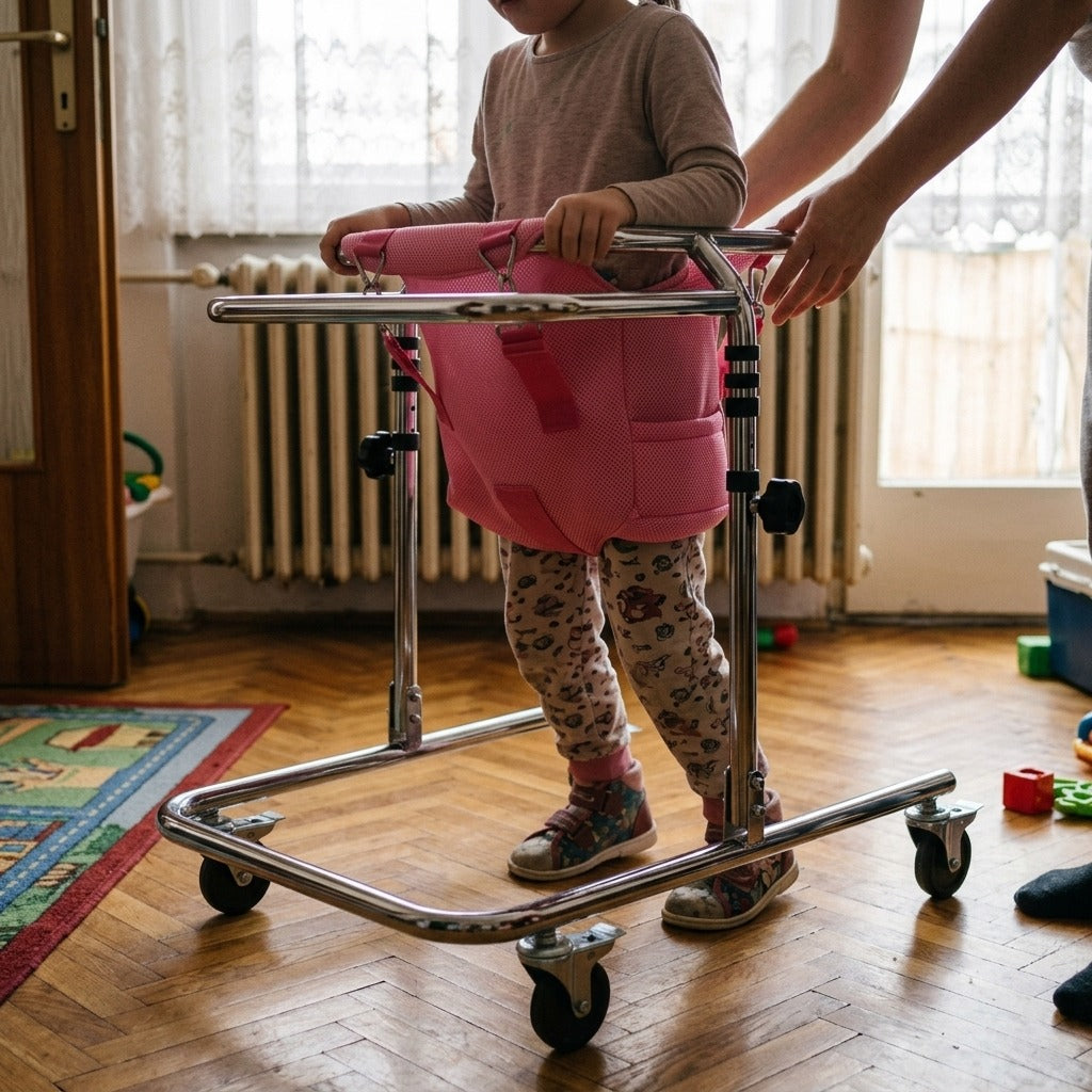 Rózsaszín, 4 kerekű rollátor gyermekeknek - használat közben