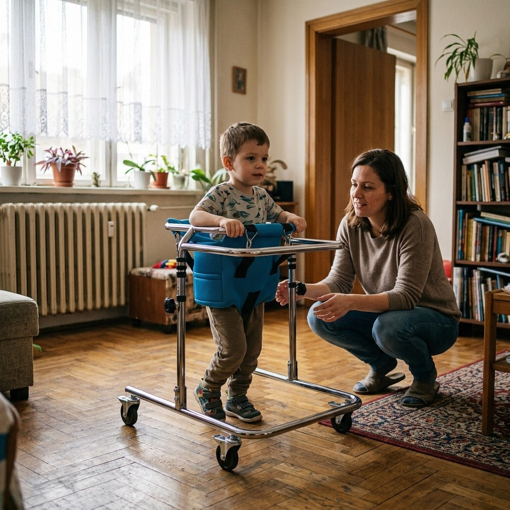 Rózsaszín, 4 kerekű rollátor gyermekeknek - otthon