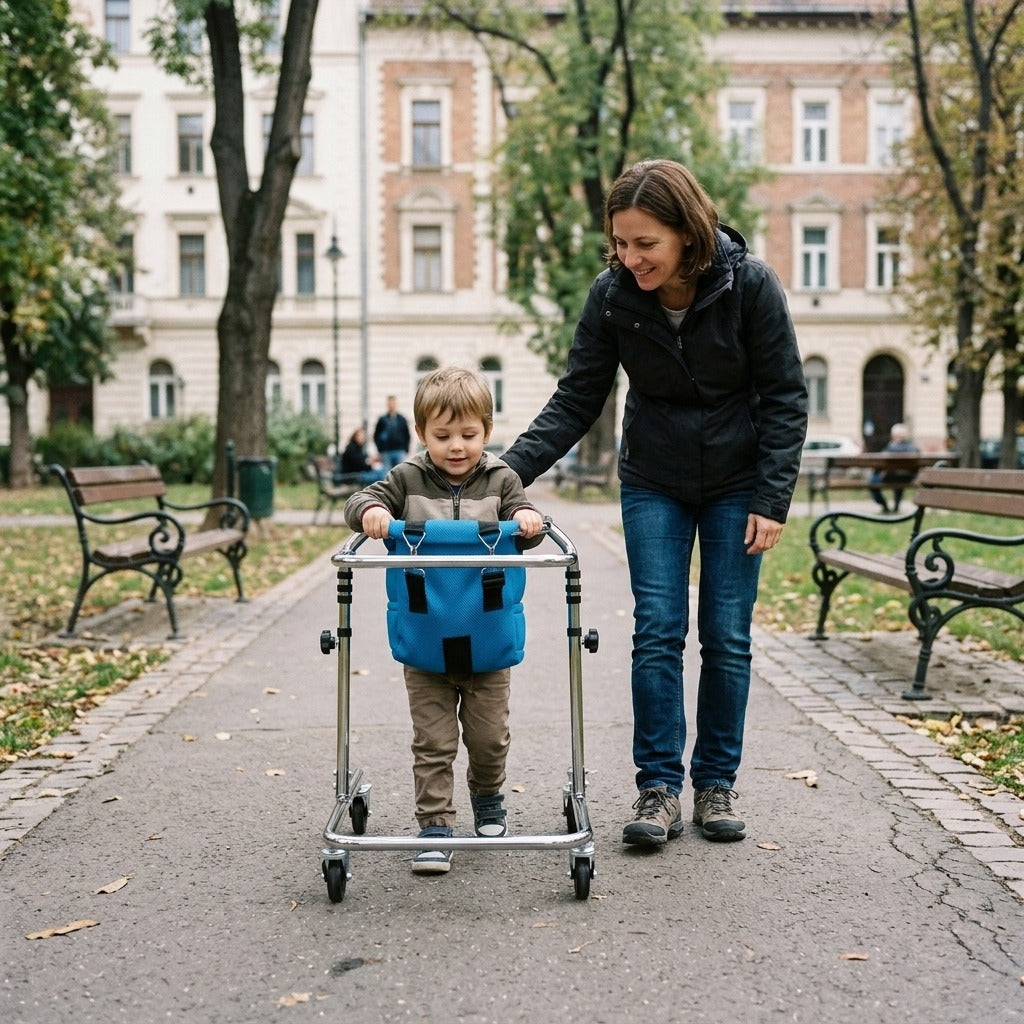 Rózsaszín, 4 kerekű rollátor gyermekeknek - a mindennapokban
