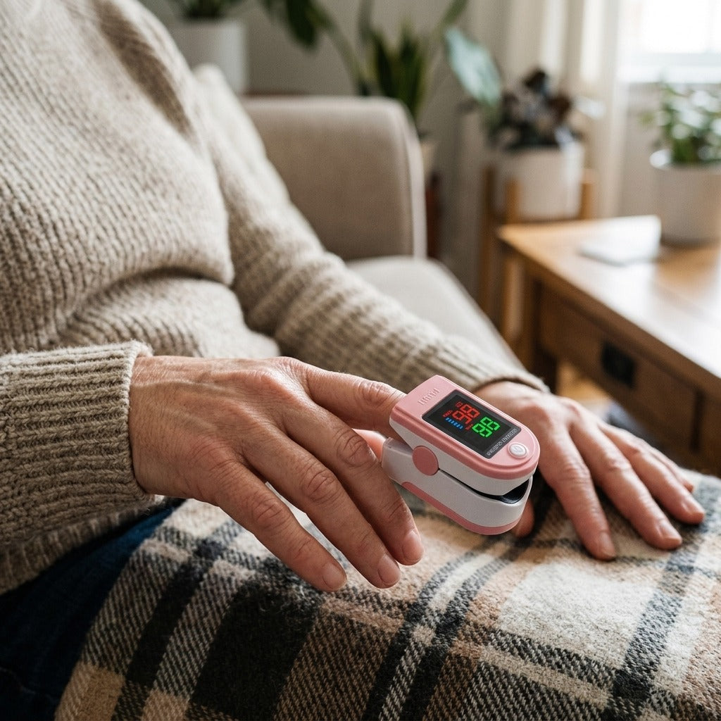Pink Fingertip Pulse Oximeter with LCD Display - in use