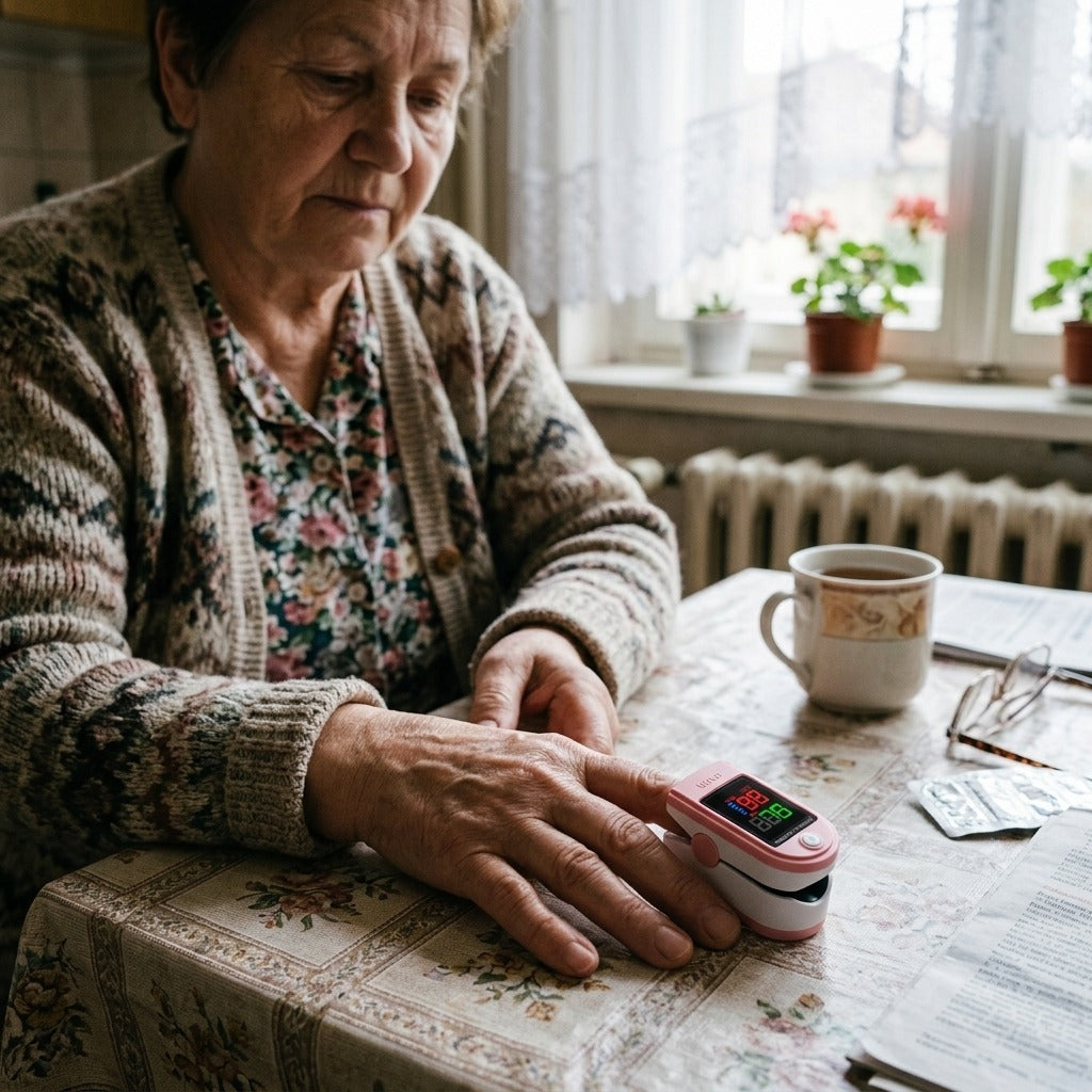 Rózsaszín ujjbegyes pulzoximéter LCD-kijelzővel - használat közben