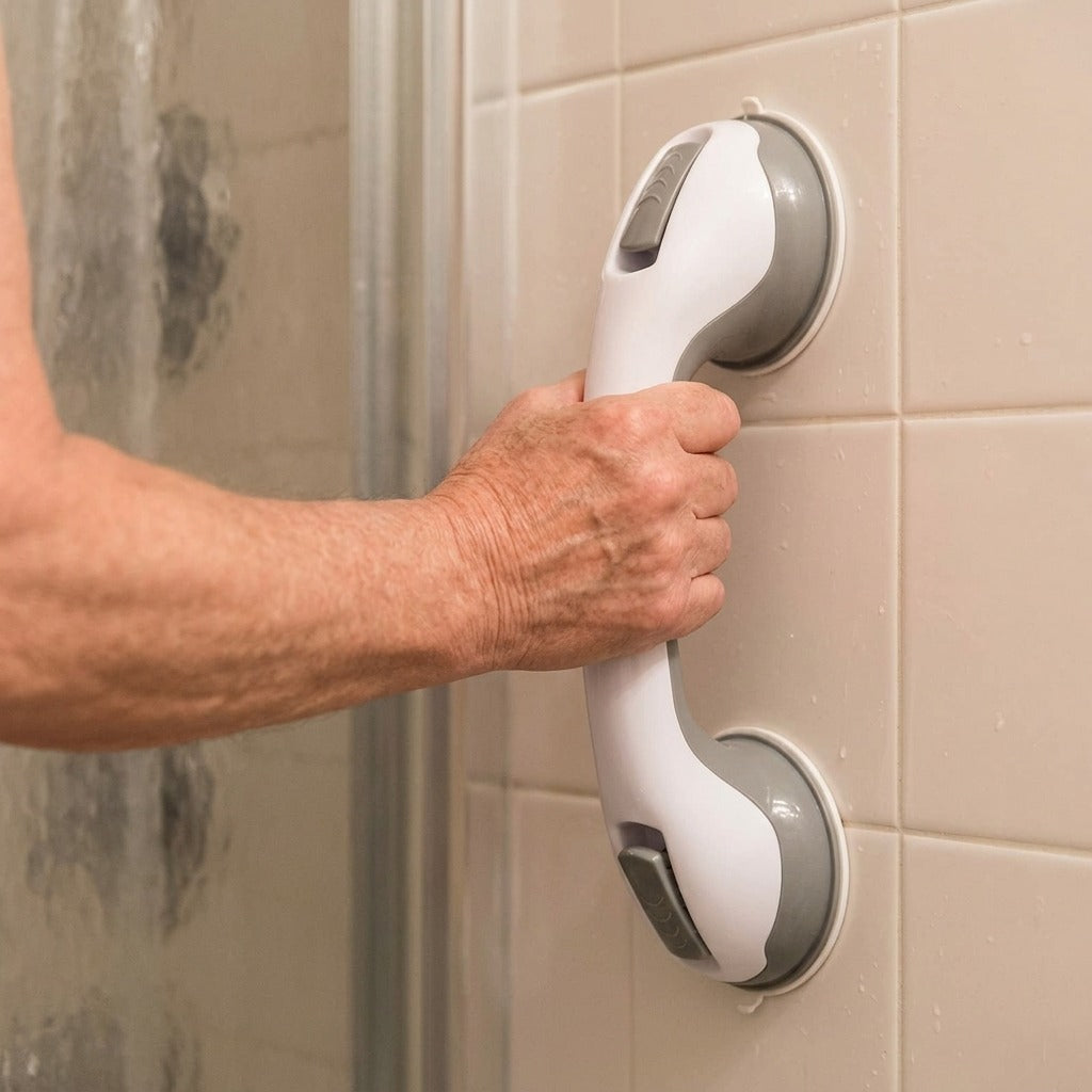 Plastic Suction Cup Shower Grab Bar - in use