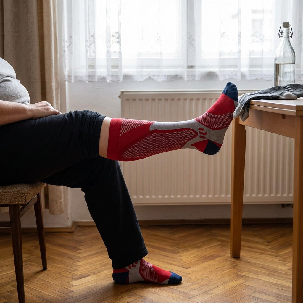 Térdig érő kompressziós zokni, nagyobb méretben, 15–20 mmHg - használat közben