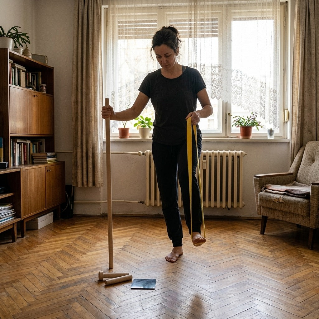 Hordozható 107 cm-es fa egyensúlyozó deszka pánttal és rúddal - otthon