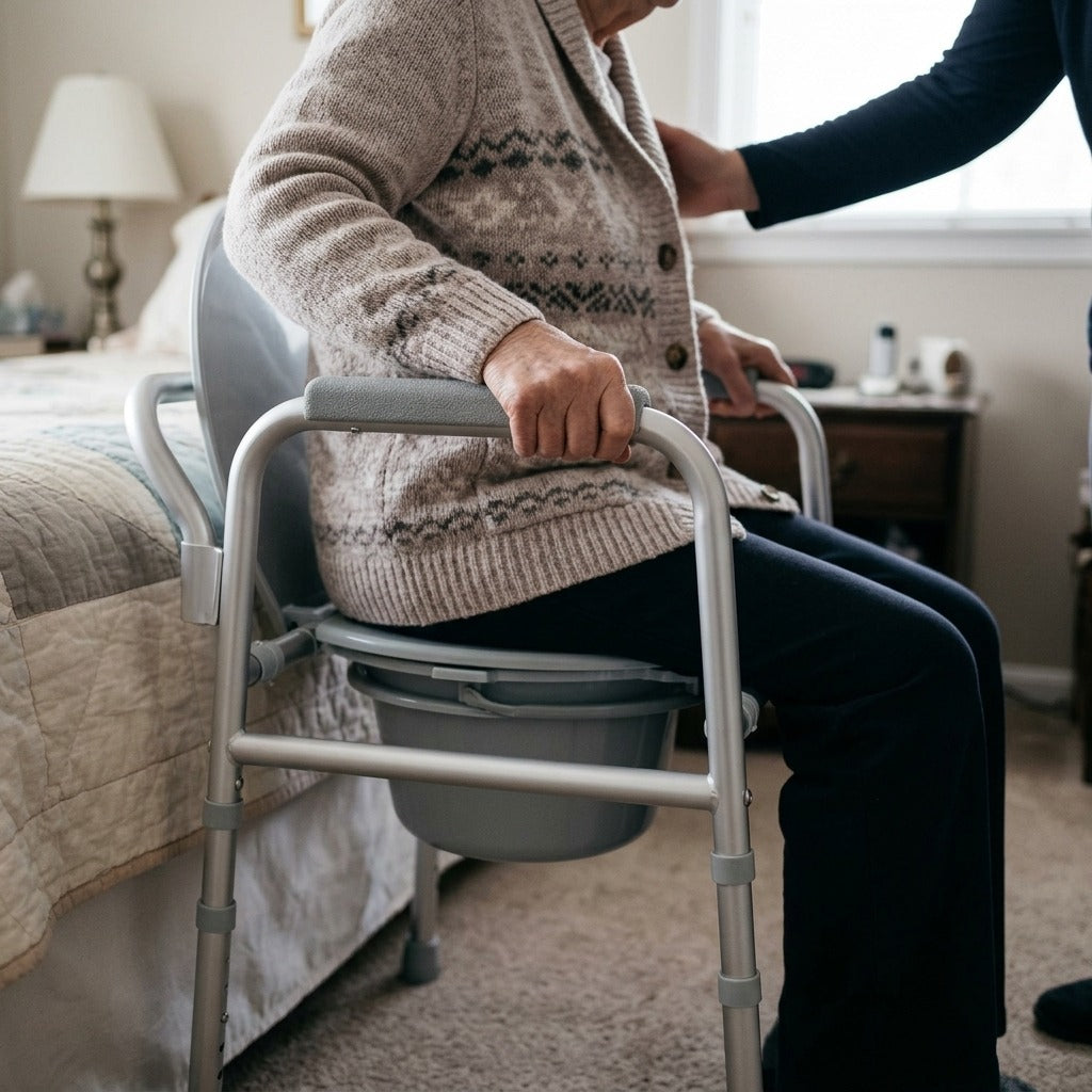 Portable Adjustable-Height Bedside Commode - in use