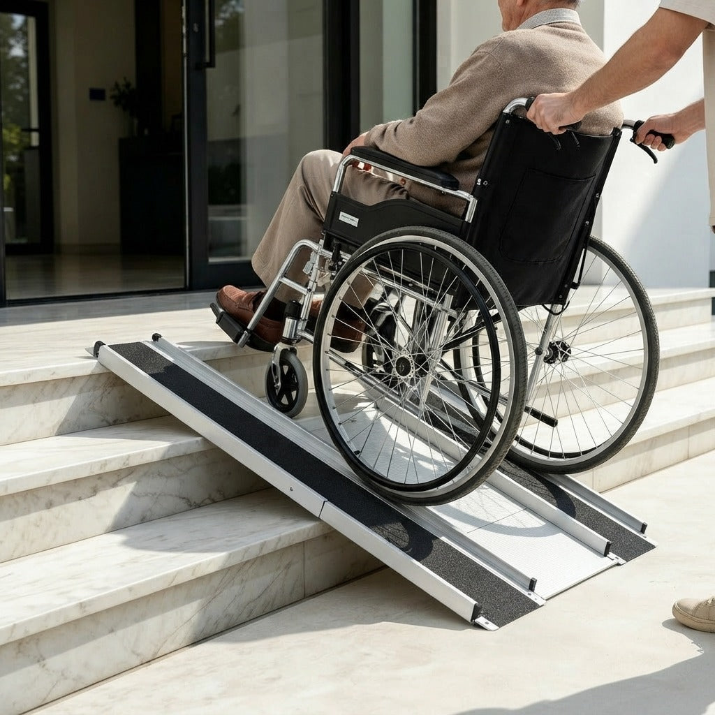 Portable Aluminum Wheelchair Threshold Ramp - in use