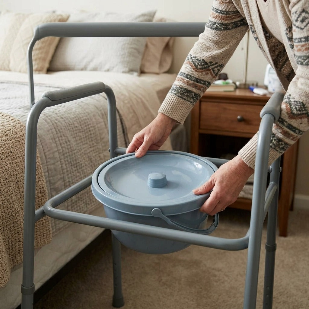 Portable Bedside Commode Bucket with Lid - in use