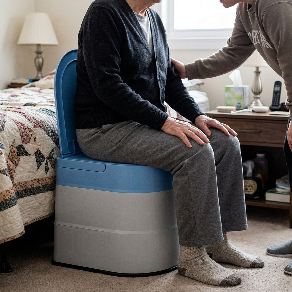 Portable Bedside Commode Chair for Adults - in use