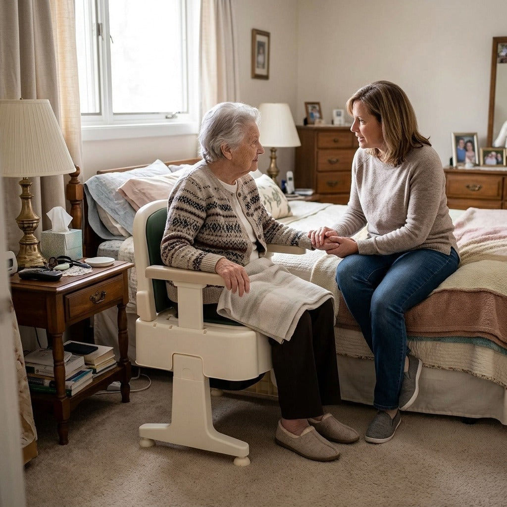 Portable Bedside Commode with Armrests and Backrest - at home