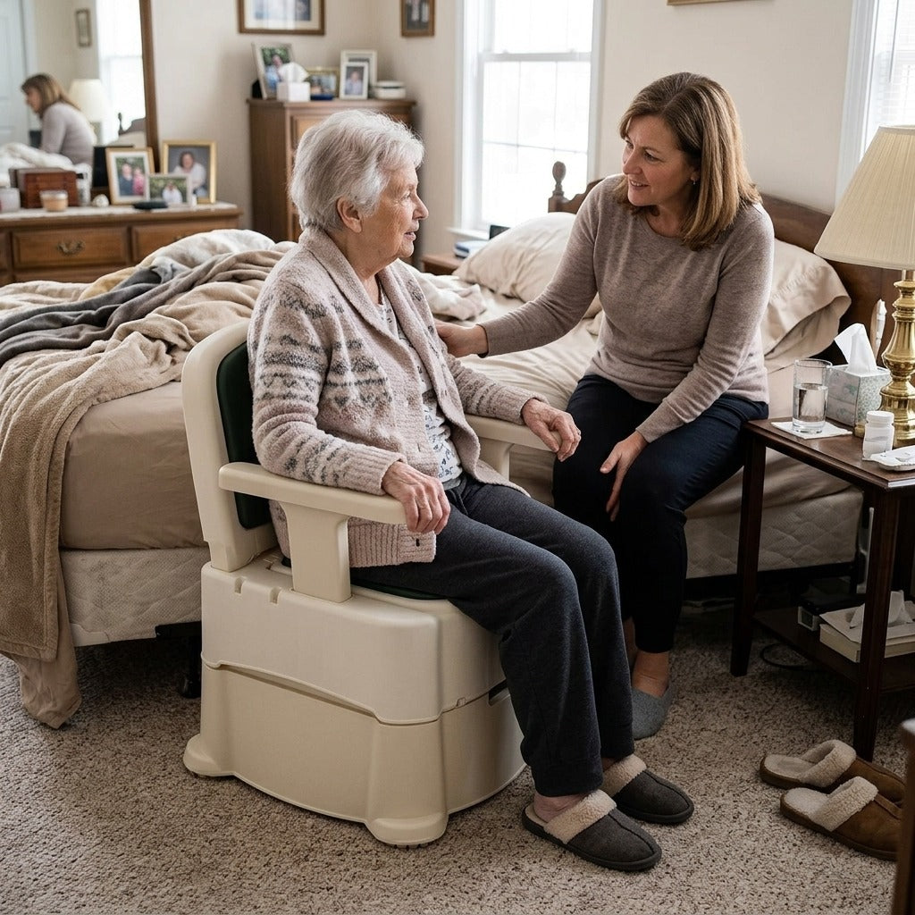 Portable Bedside Commode with Armrests and Backrest - in everyday life