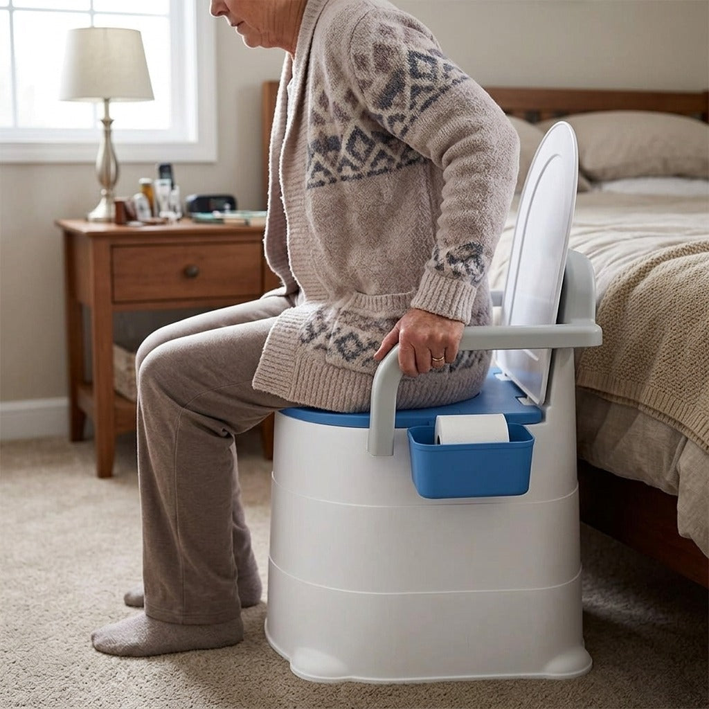 Portable Bedside Commode with Armrests - in use