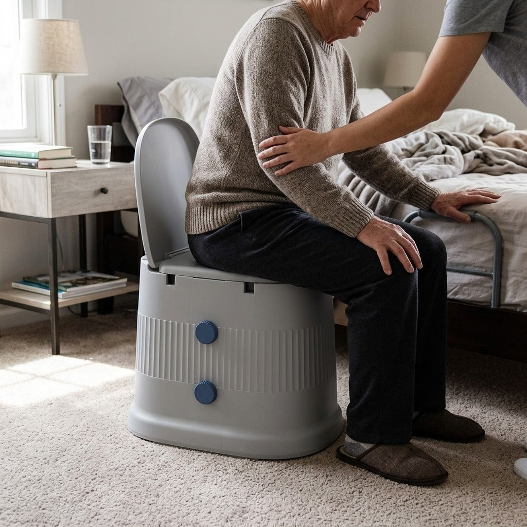 Portable Bedside Commode with Wheels and Urinal Bucket - in use
