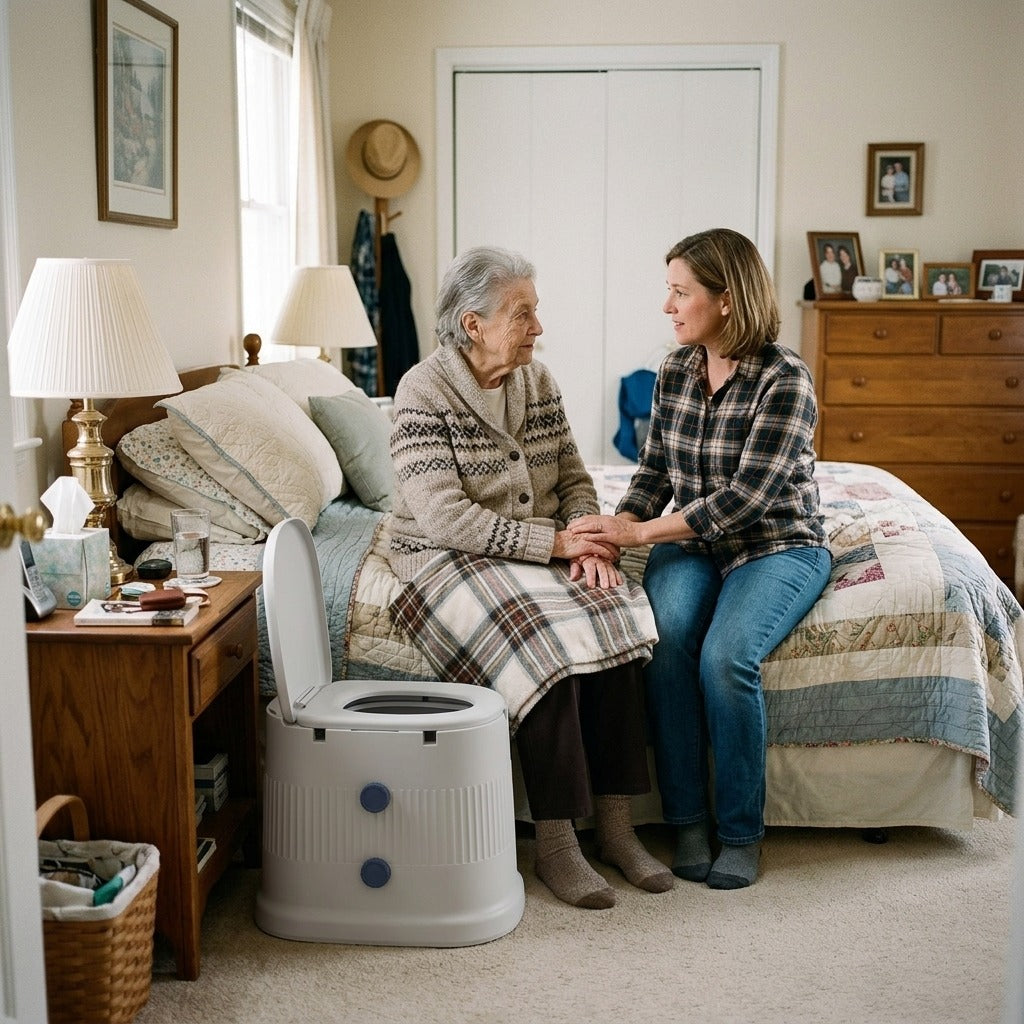 Portable Bedside Commode with Wheels and Urinal Bucket - at home