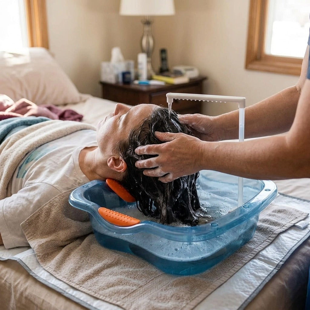 Portable Bedside Shampoo Basin for Home Care - in use