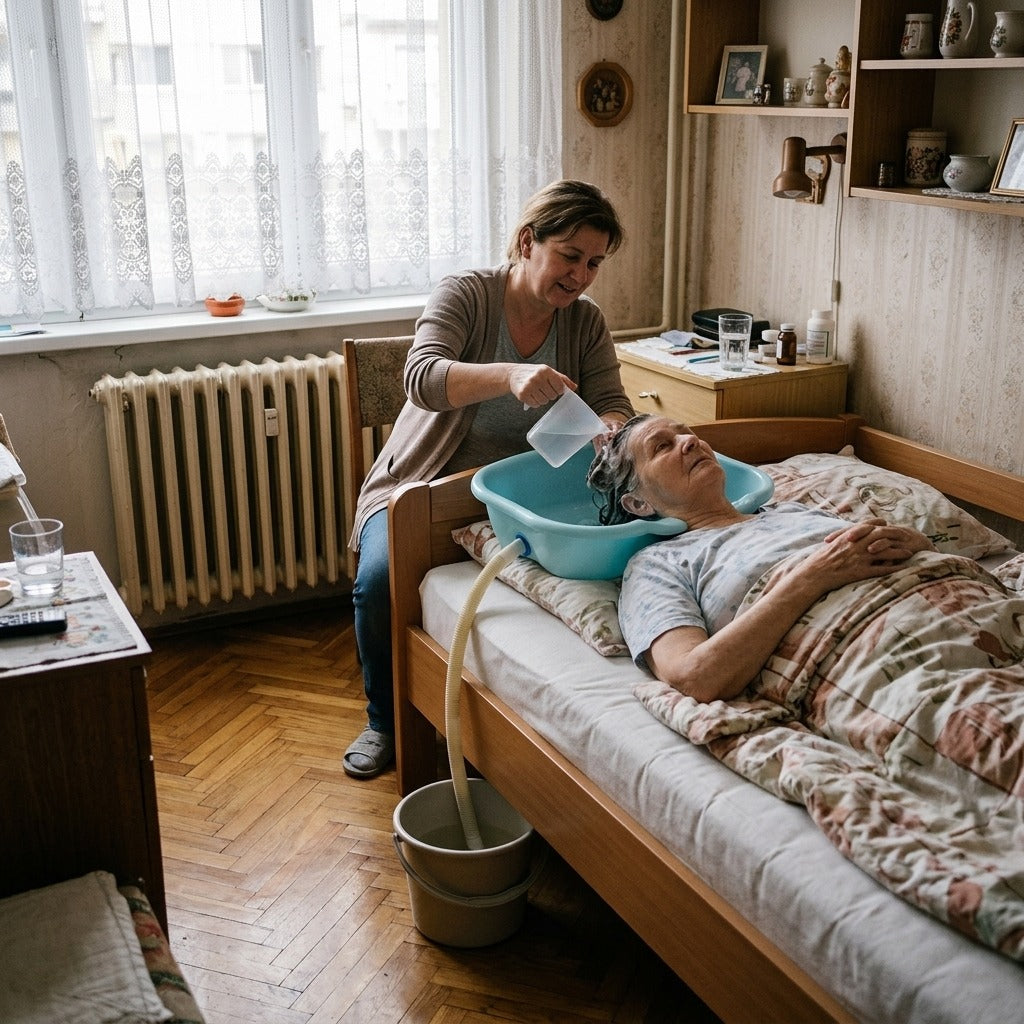 Hordozható ágy melletti hajmosó tál nyaktámasszal - a mindennapokban