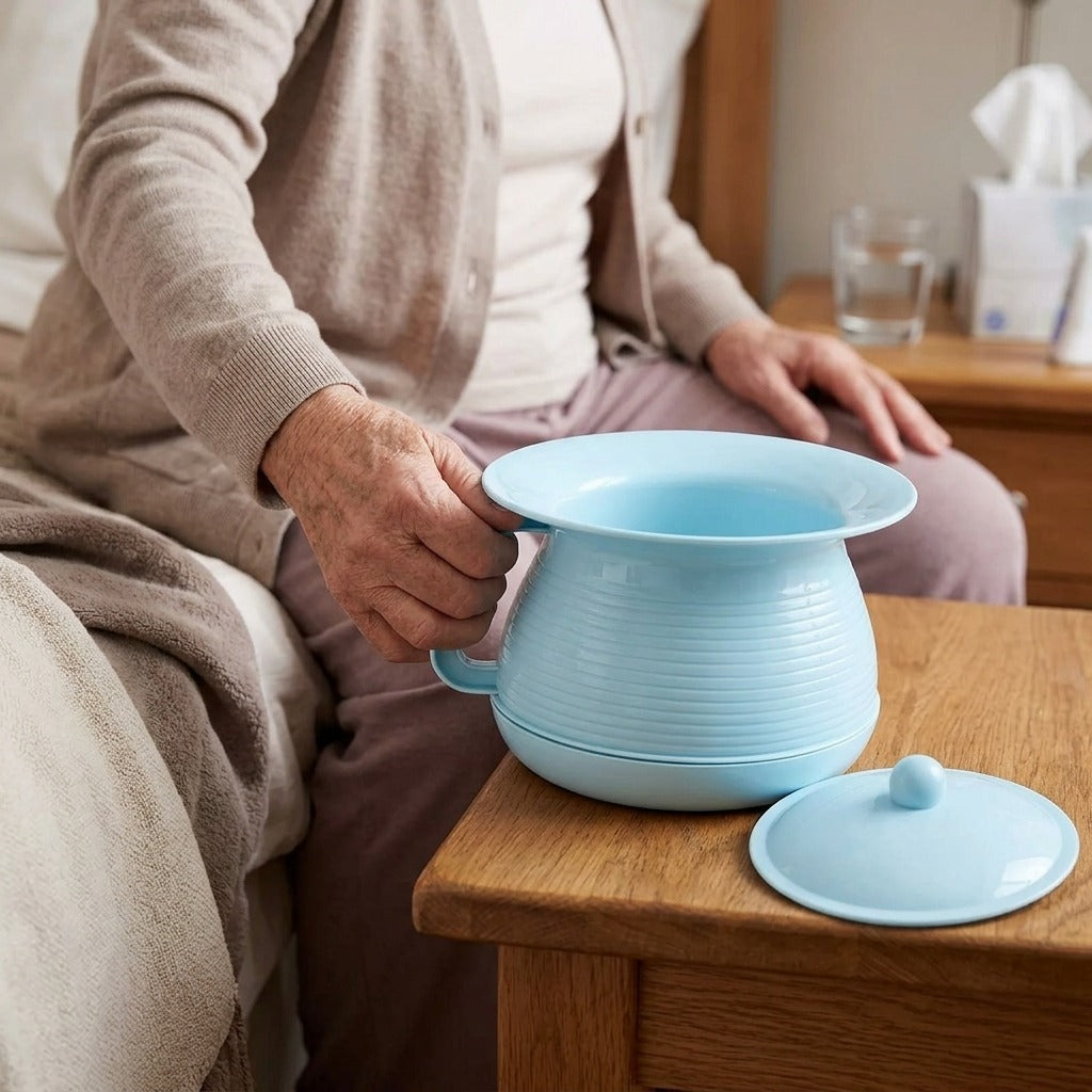 Portable Bedside Urinal with Lid and Handle - in use
