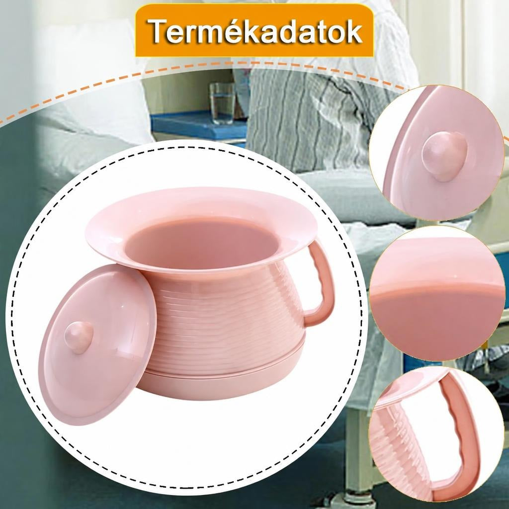 Rózsaszín műanyag ágytál fedővel és füllel, mellette közeli részletfotókkal egy ágy mellett.