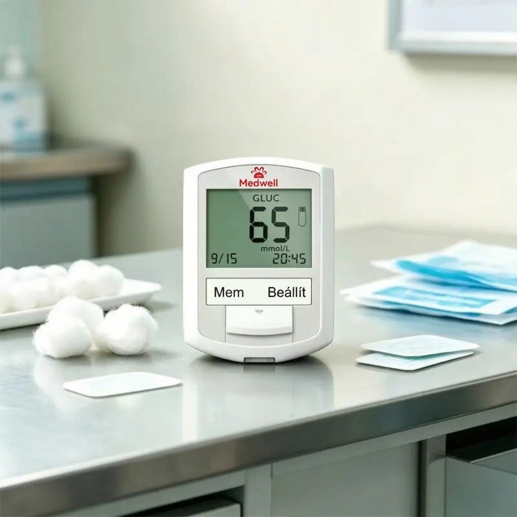 Medwell mérő kijelzője 65 mmol/L vércukorszint értékkel