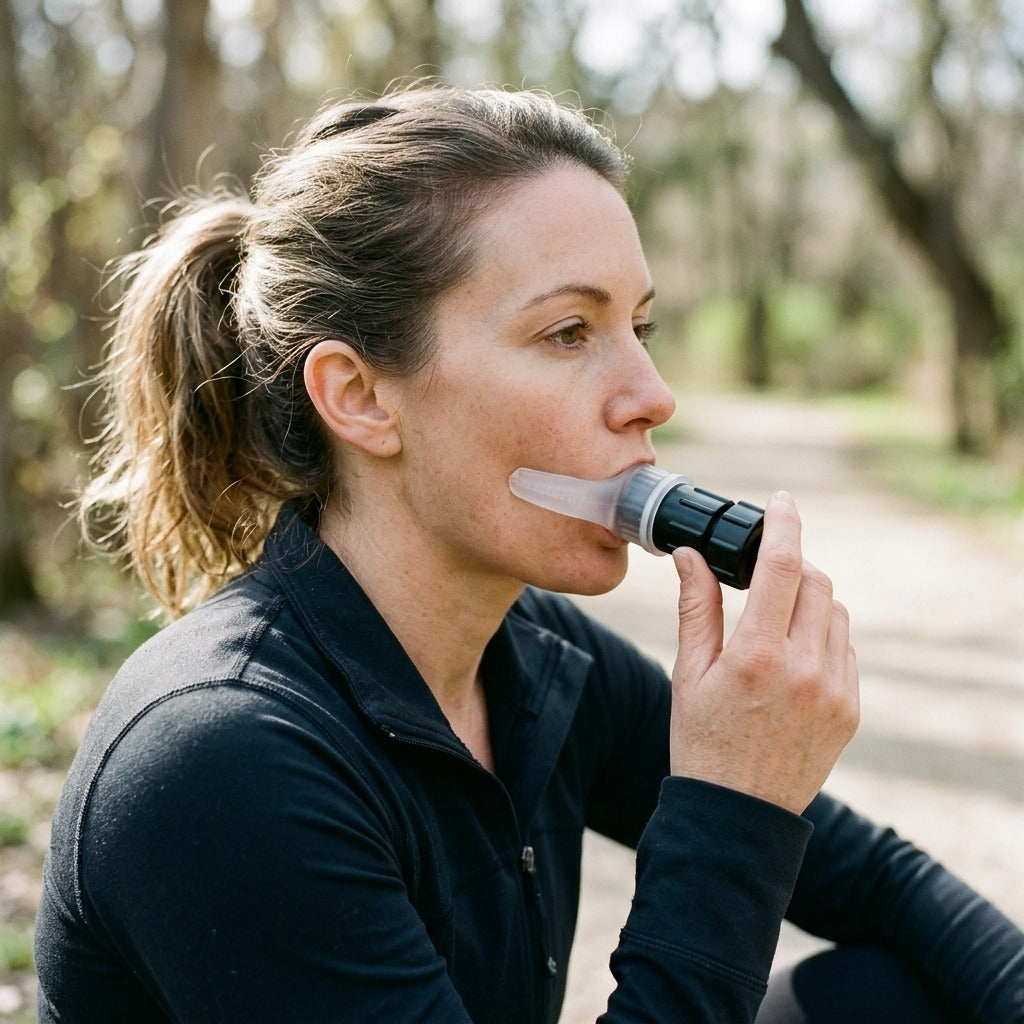 Portable Breathing Trainer with Silicone Mouthpiece - in use