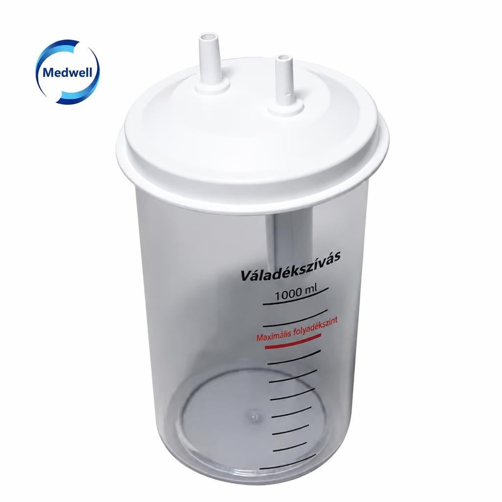 Átlátszó 1000 ml-es váladékszívó tartály fehér fedéllel és szintjelölésekkel.