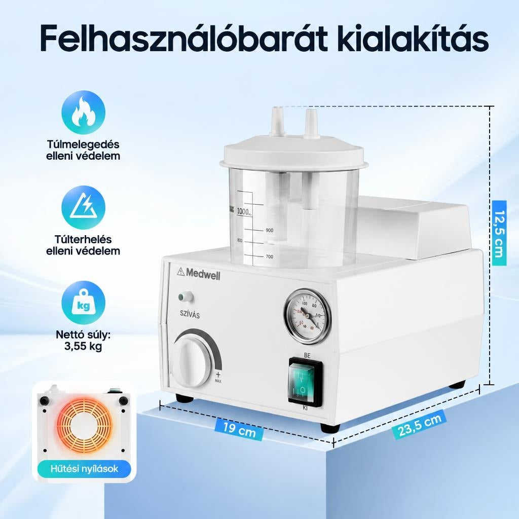 Medwell szívókészülék méretekkel, tömeggel és a főbb védelmi funkciók bemutatásával.