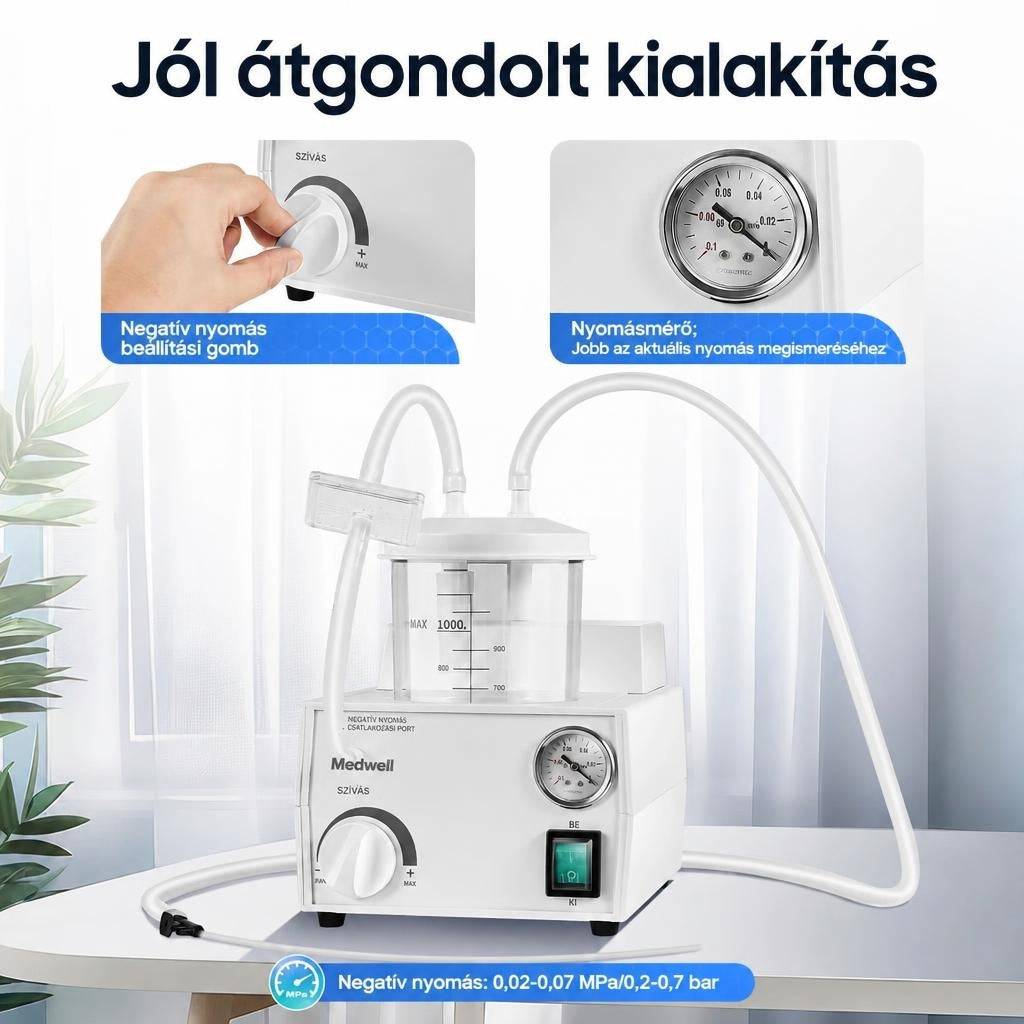 Medwell orvosi váladékszívó készülék nyomásmérővel és állítógombbal.
