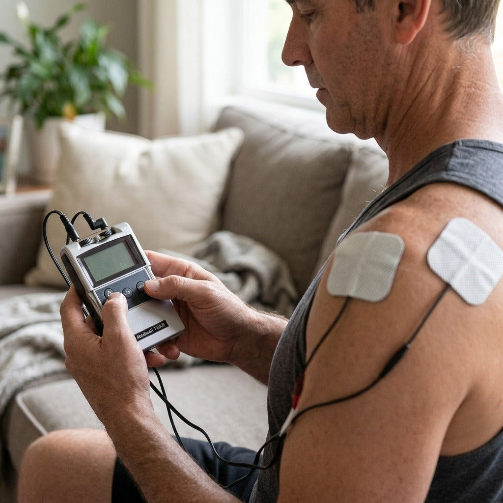 Portable EMS TENS Muscle Stimulator - in use