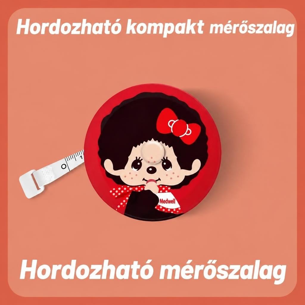 Piros, figurás hordozható kompakt mérőszalag kihúzott szalaggal.