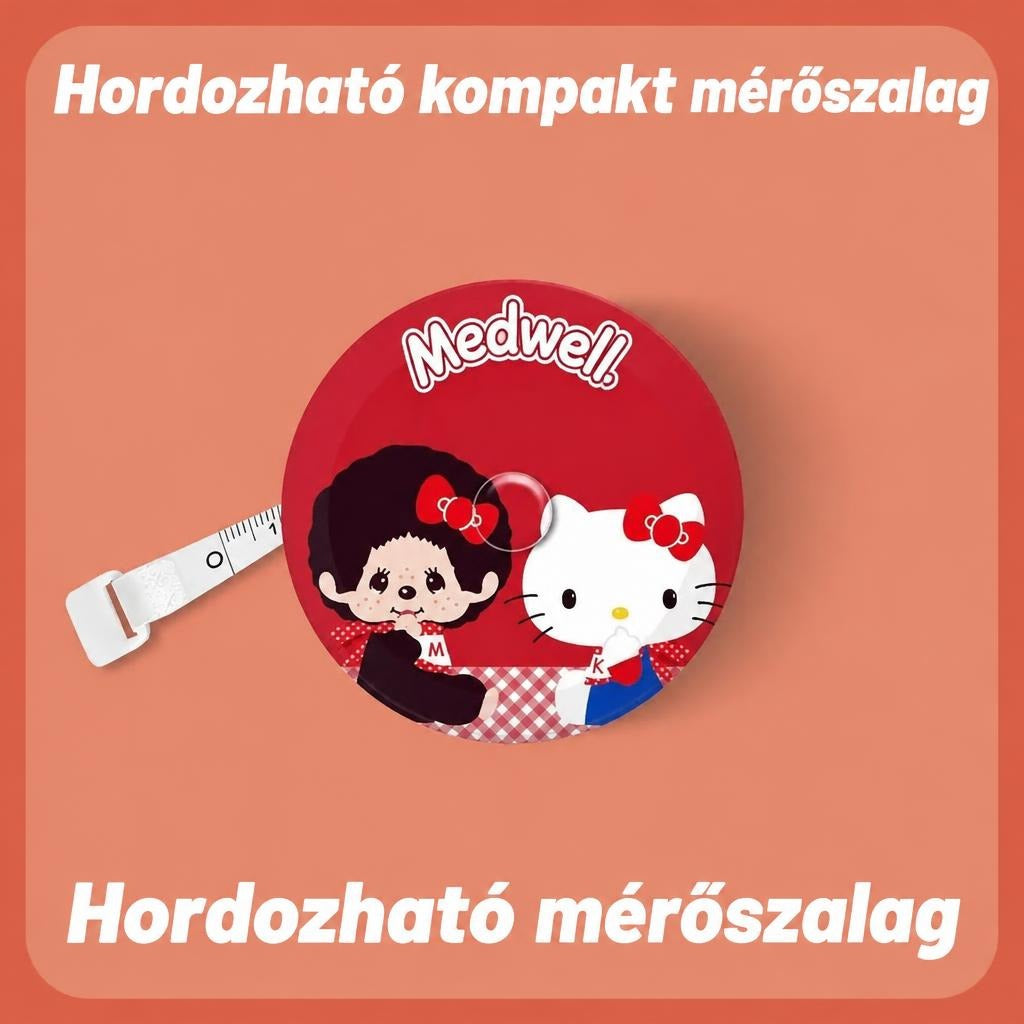 Piros hordozható mérőszalag kihúzott mérőcsíkkal és rajzfilmfigurás mintával.
