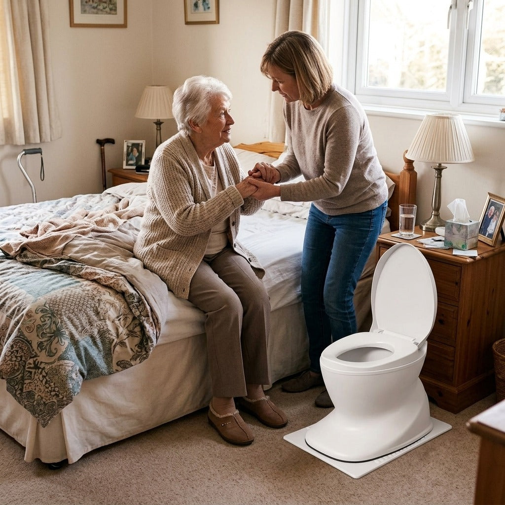 Portable Foldable Bedside Commode Chair with Lid - at home