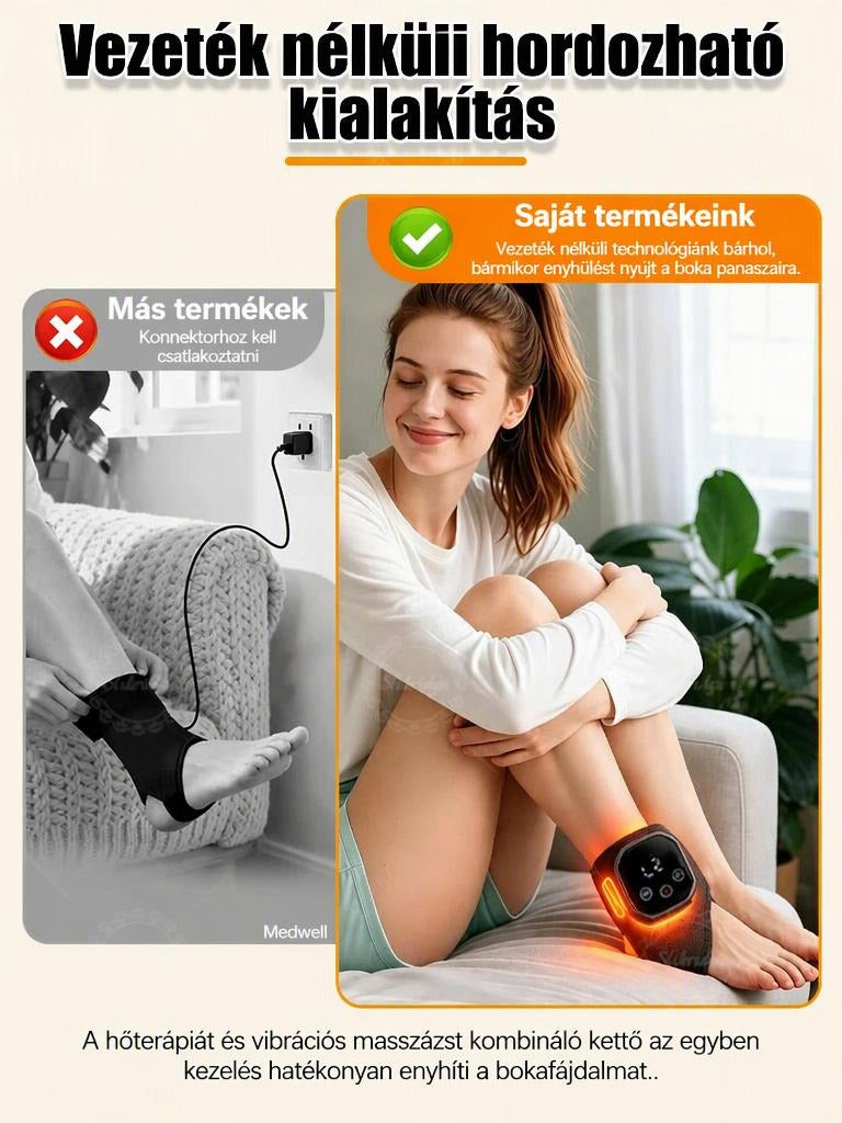 Vezeték nélküli bokamasszírozó használat közben és a vezetékes változat összehasonlítása.
