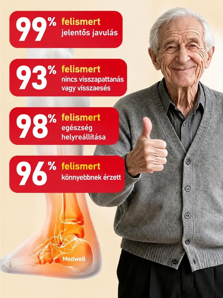 Hüvelykujját mutató idős úr és bokaillusztráció a Medwell pozitív felhasználói statisztikáival.