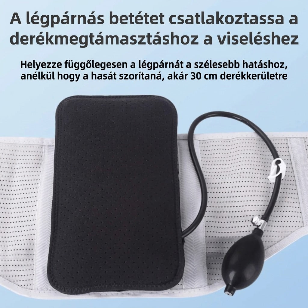 Felfújható deréktámasztó párna pumpával egy derékövön elhelyezve.