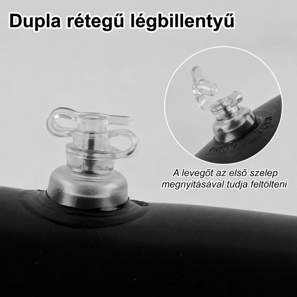 Fekete felfújható termék dupla rétegű átlátszó műanyag szelepe közelről.