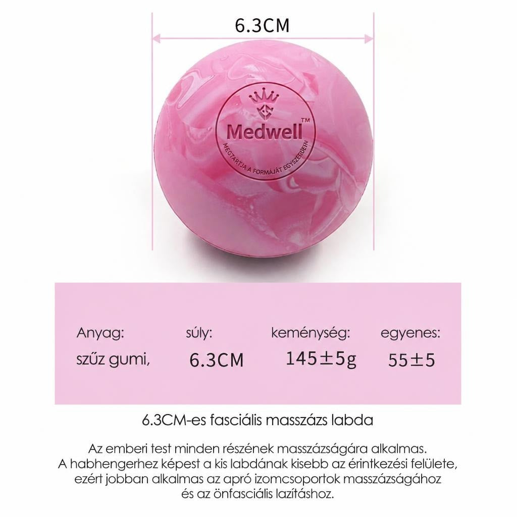 Rózsaszín Medwell 6,3 cm-es fasciális masszázslabda méret- és termékadatokkal.