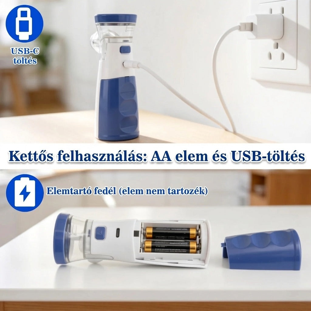 USB-C töltés és AA elem felhasználás, elemtartó fedél